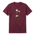 A maroon short-sleeve crewneck t-shirt for adult featuring a graphic of a quirky bird on the front.