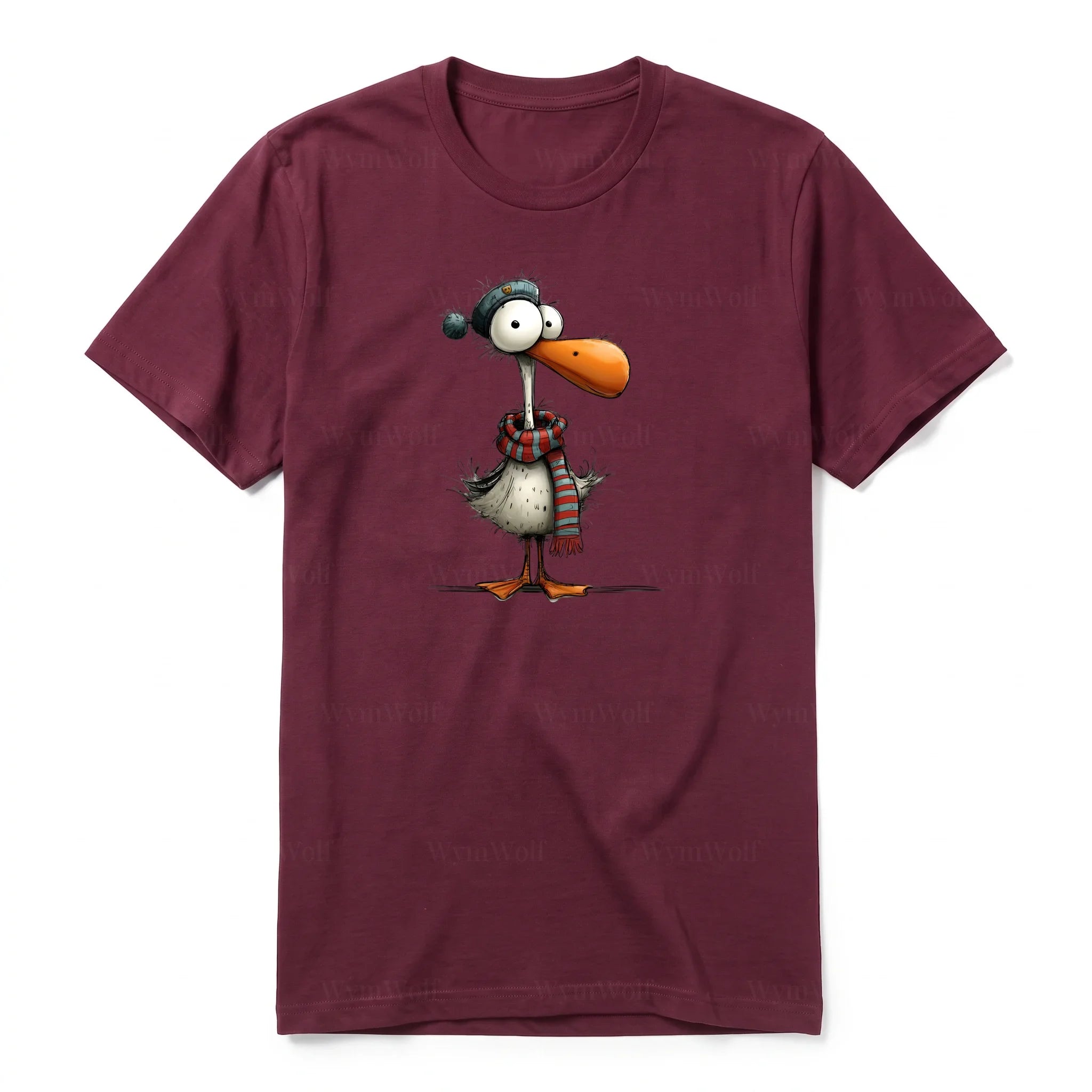 A maroon short-sleeve crewneck t-shirt for adult featuring a graphic of a quirky bird on the front.
