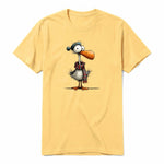 A mustard short-sleeve crewneck t-shirt for adult featuring a graphic of a quirky bird on the front.
