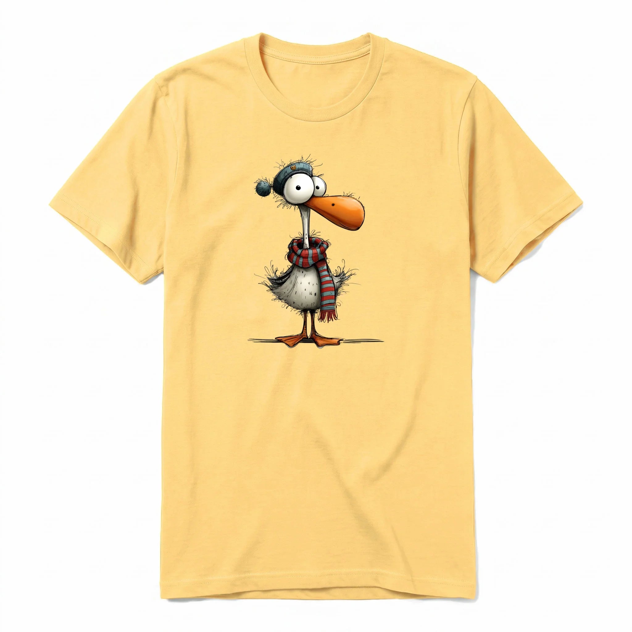 A mustard short-sleeve crewneck t-shirt for adult featuring a graphic of a quirky bird on the front.