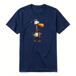A navy short-sleeve crewneck t-shirt for adult featuring a graphic of a quirky bird on the front.