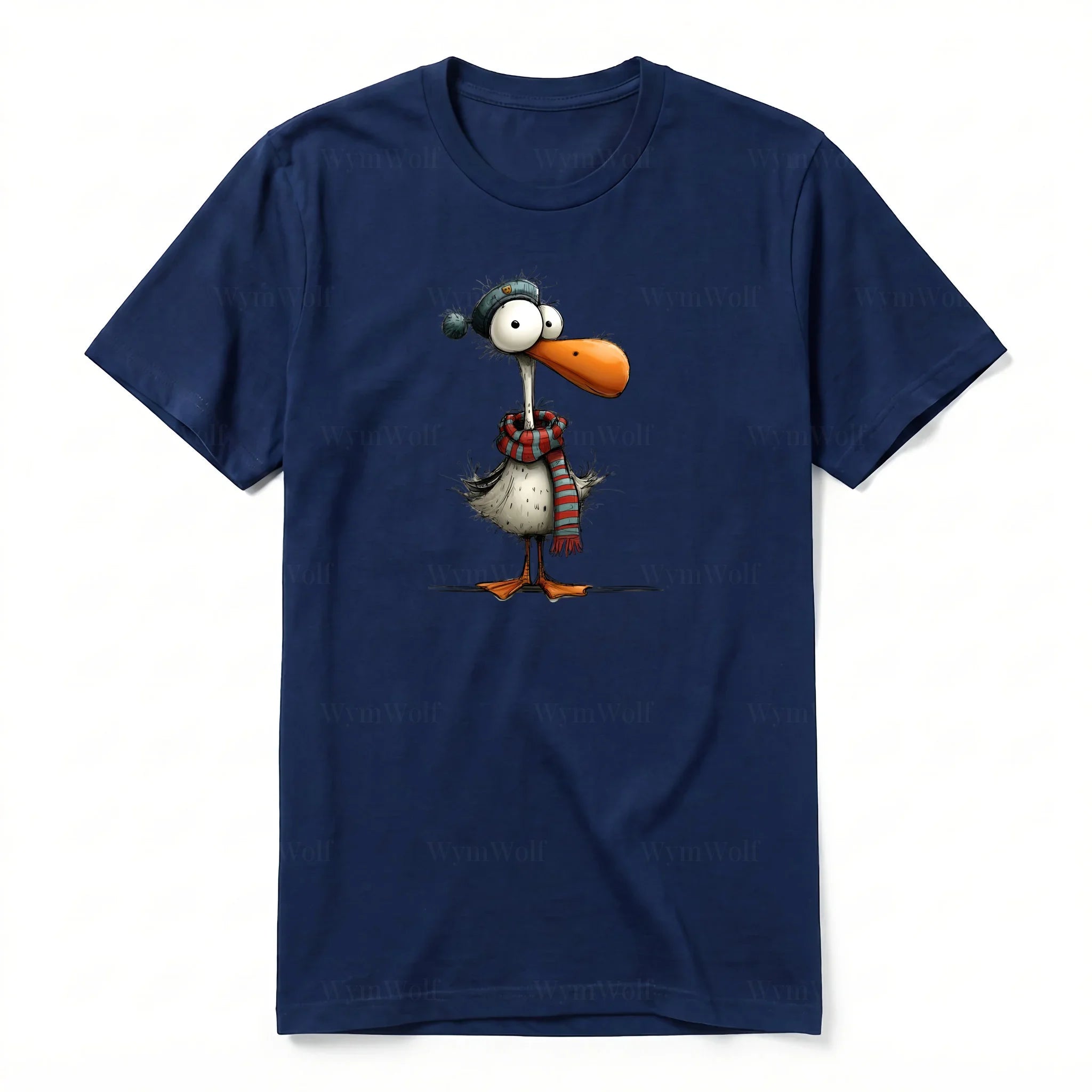 A navy short-sleeve crewneck t-shirt for adult featuring a graphic of a quirky bird on the front.