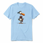 A powder short-sleeve crewneck t-shirt for adult featuring a graphic of a quirky bird on the front.