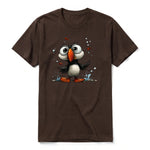 A chocolate short-sleeve crewneck t-shirt for adult featuring a graphic of a quirky bird on the front.