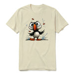 A latte short-sleeve crewneck t-shirt for adult featuring a graphic of a quirky bird on the front.