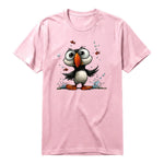 A pink short-sleeve crewneck t-shirt for adult featuring a graphic of a quirky bird on the front.