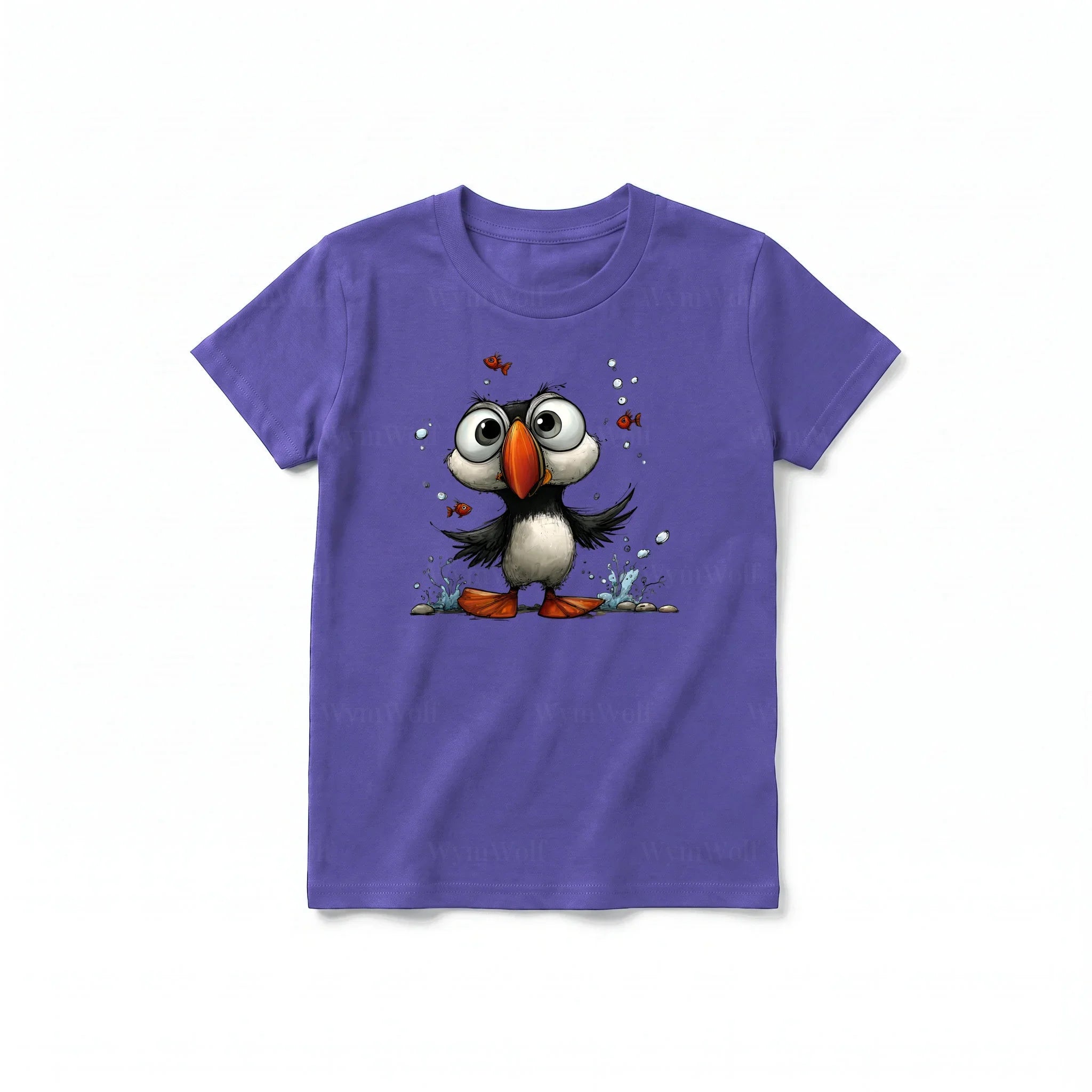 A purple short-sleeve crewneck t-shirt for youth featuring a graphic of a quirky bird on the front.
