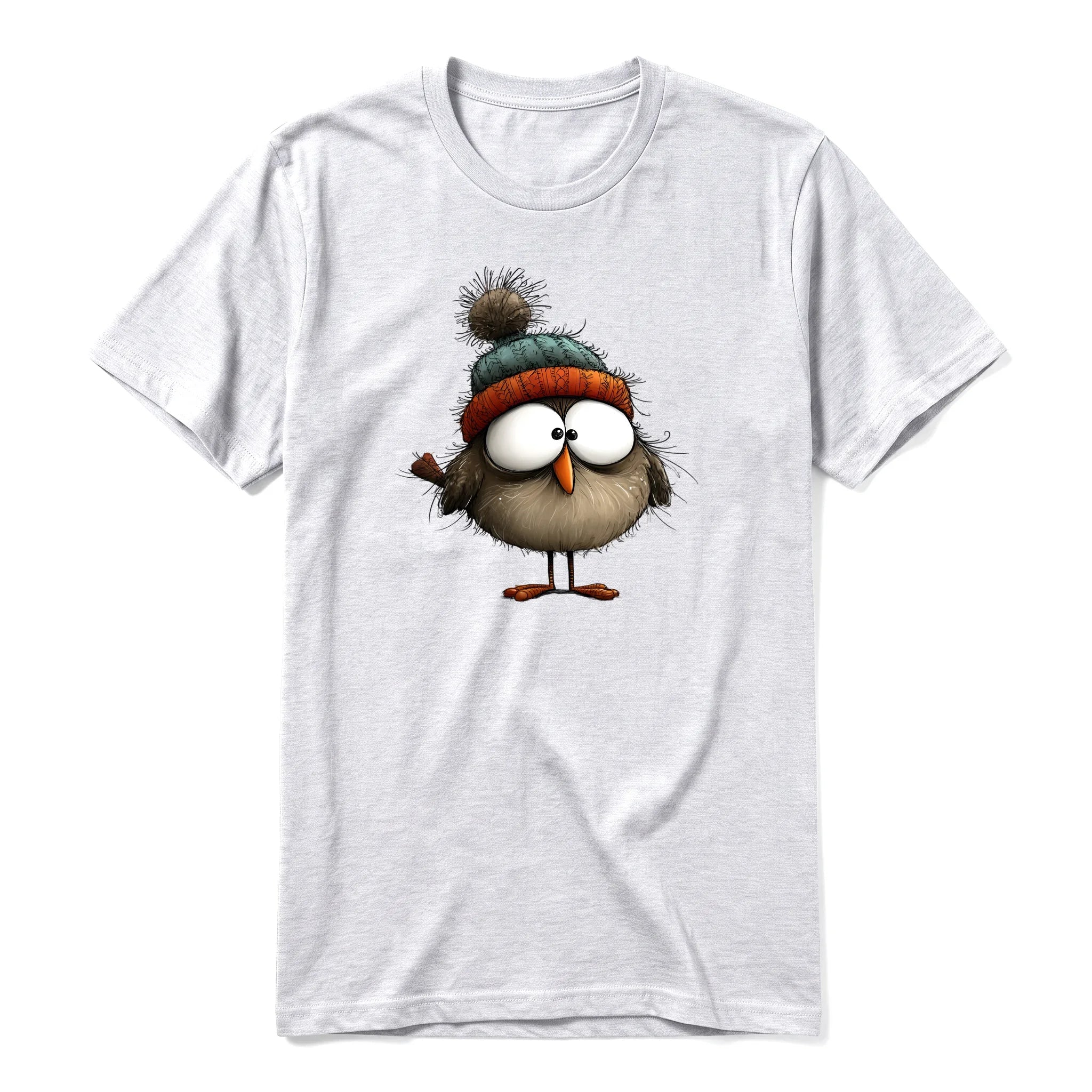 A ash grey short-sleeve crewneck t-shirt for adult featuring a graphic of a quirky bird on the front.