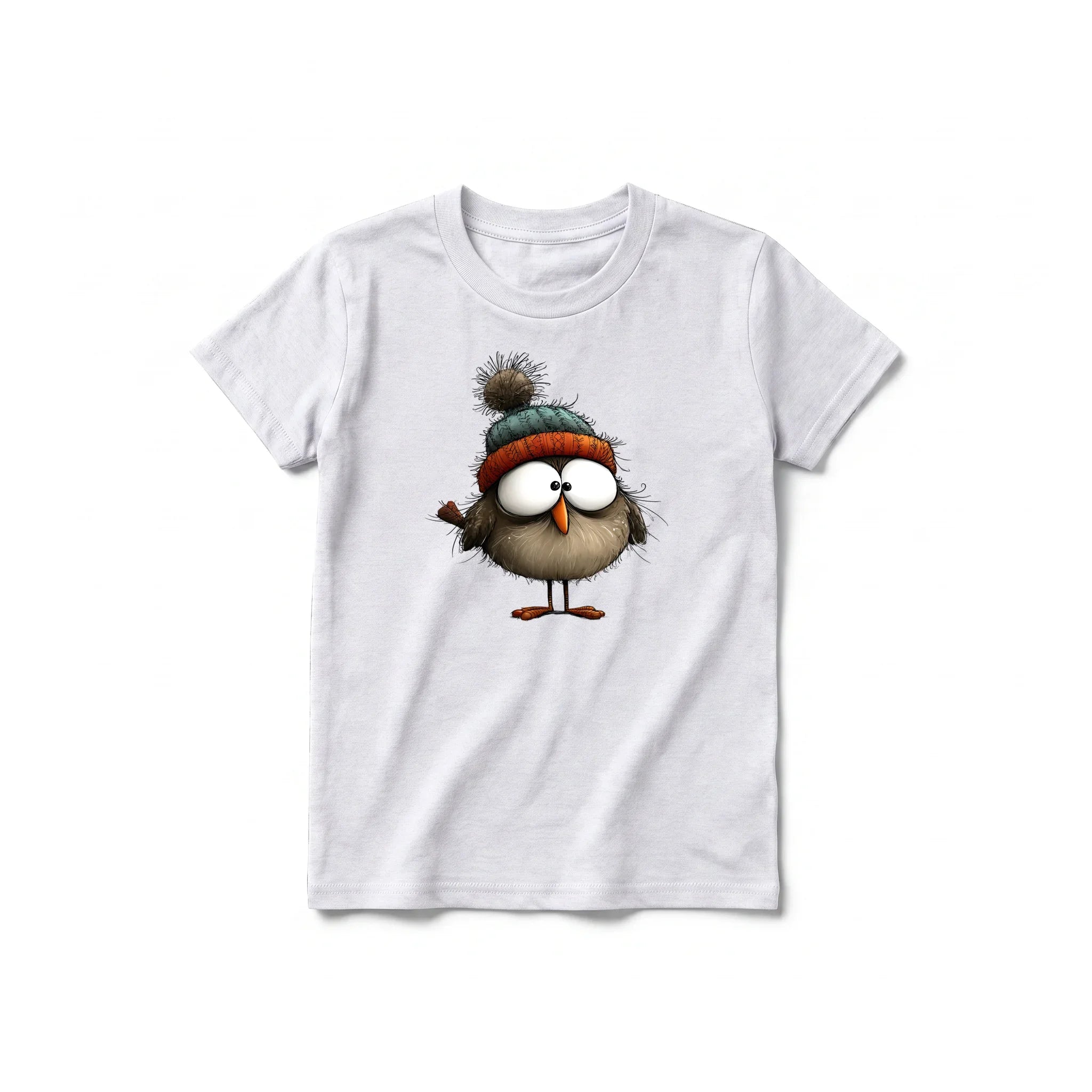 A ash grey short-sleeve crewneck t-shirt for youth featuring a graphic of a quirky bird on the front.