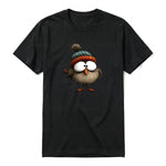 A black short-sleeve crewneck t-shirt for adult featuring a graphic of a quirky bird on the front.