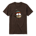 A chocolate short-sleeve crewneck t-shirt for adult featuring a graphic of a quirky bird on the front.