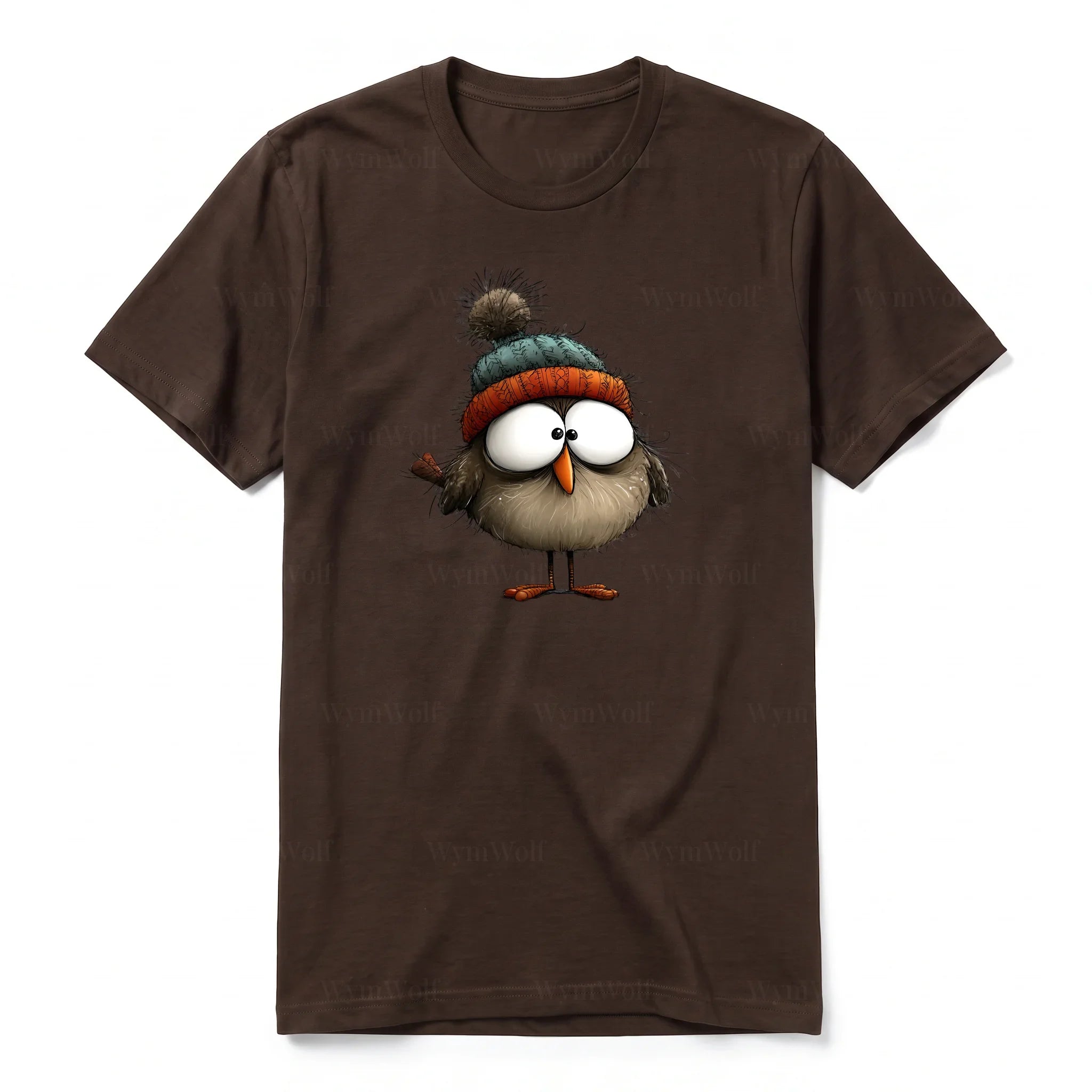 A chocolate short-sleeve crewneck t-shirt for adult featuring a graphic of a quirky bird on the front.