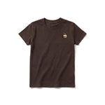 A chocolate short-sleeve crewneck t-shirt for youth featuring a graphic of a quirky bird on the left chest.