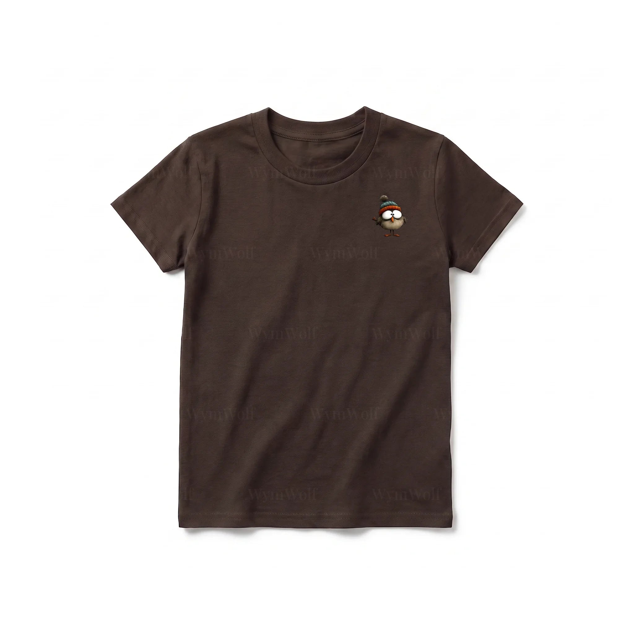 A chocolate short-sleeve crewneck t-shirt for youth featuring a graphic of a quirky bird on the left chest.