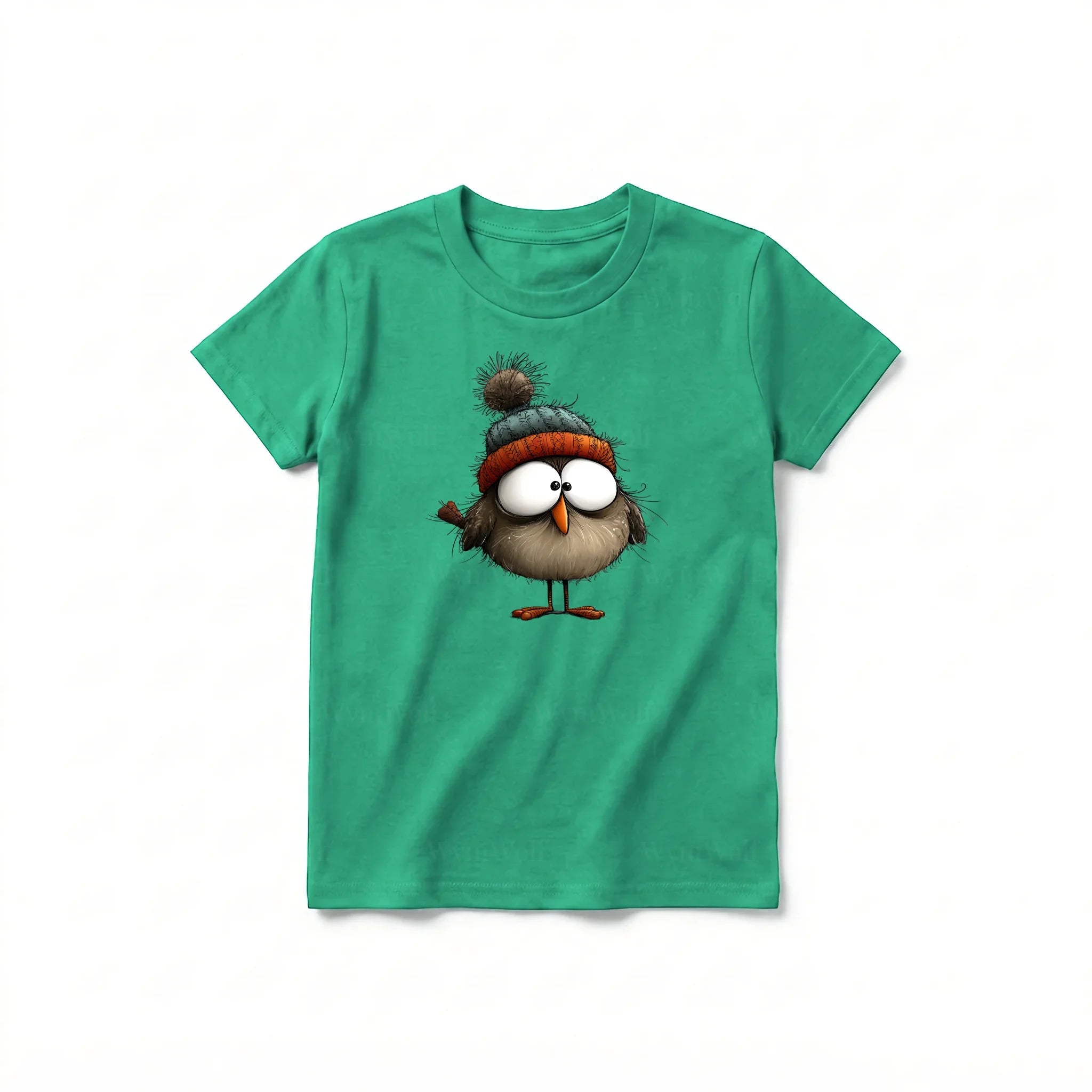 Un T-shirt kelly à manches courtes et col rond pour jeune, orné d'un motif représentant un oiseau excentrique sur le devant.