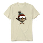 A latte short-sleeve crewneck t-shirt for adult featuring a graphic of a quirky bird on the front.