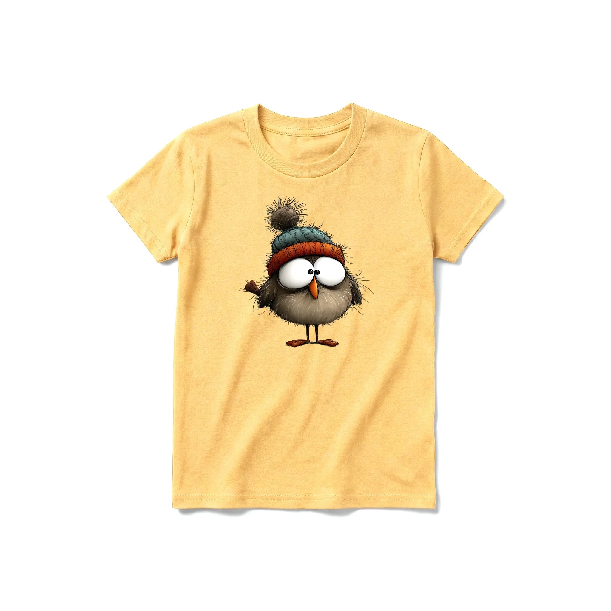 Un T-shirt moutarde à manches courtes et col rond pour jeune, orné d'un motif représentant un oiseau excentrique sur le devant.