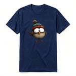 A navy short-sleeve crewneck t-shirt for adult featuring a graphic of a quirky bird on the front.