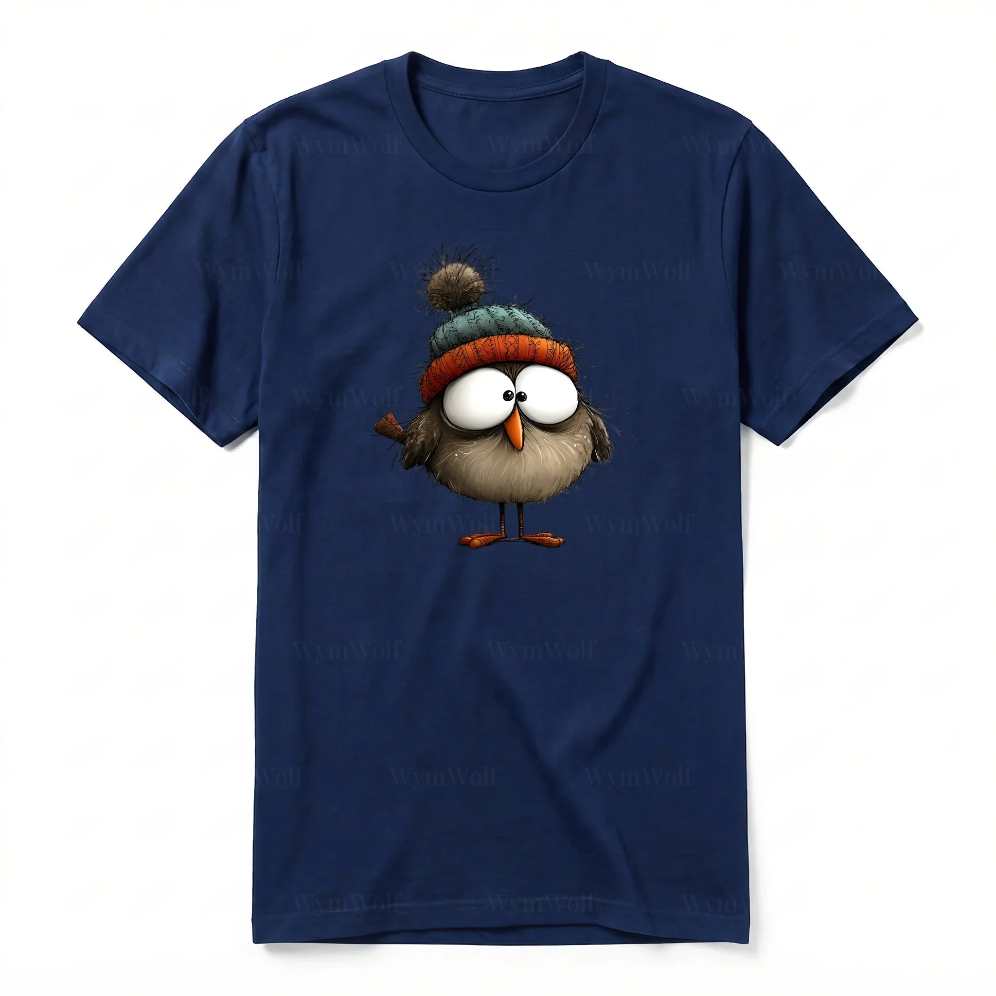 A navy short-sleeve crewneck t-shirt for adult featuring a graphic of a quirky bird on the front.