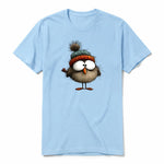 A powder short-sleeve crewneck t-shirt for adult featuring a graphic of a quirky bird on the front.