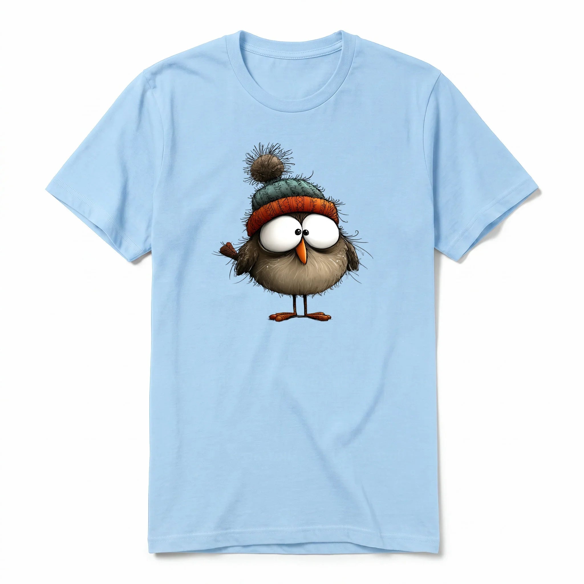A powder short-sleeve crewneck t-shirt for adult featuring a graphic of a quirky bird on the front.
