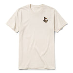 A vintage-white short-sleeve crewneck t-shirt for adult featuring a graphic of a quirky bird on the left chest.