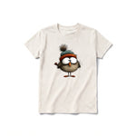 A vintage-white short-sleeve crewneck t-shirt for youth featuring a graphic of a quirky bird on the front.