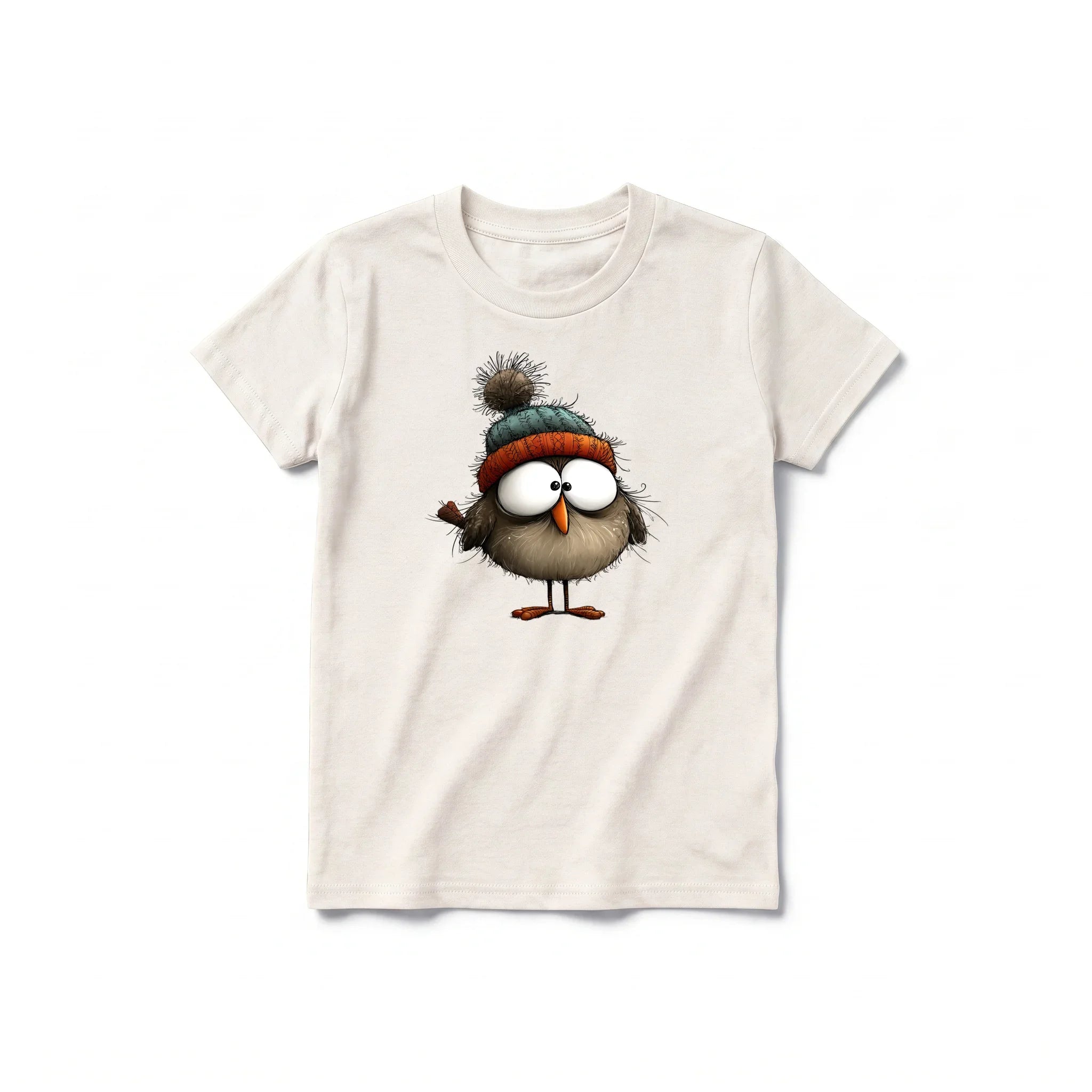 A vintage-white short-sleeve crewneck t-shirt for youth featuring a graphic of a quirky bird on the front.