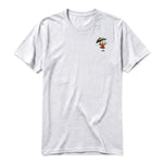 A ash grey short-sleeve crewneck t-shirt for adult featuring a graphic of a quirky bird on the left chest.