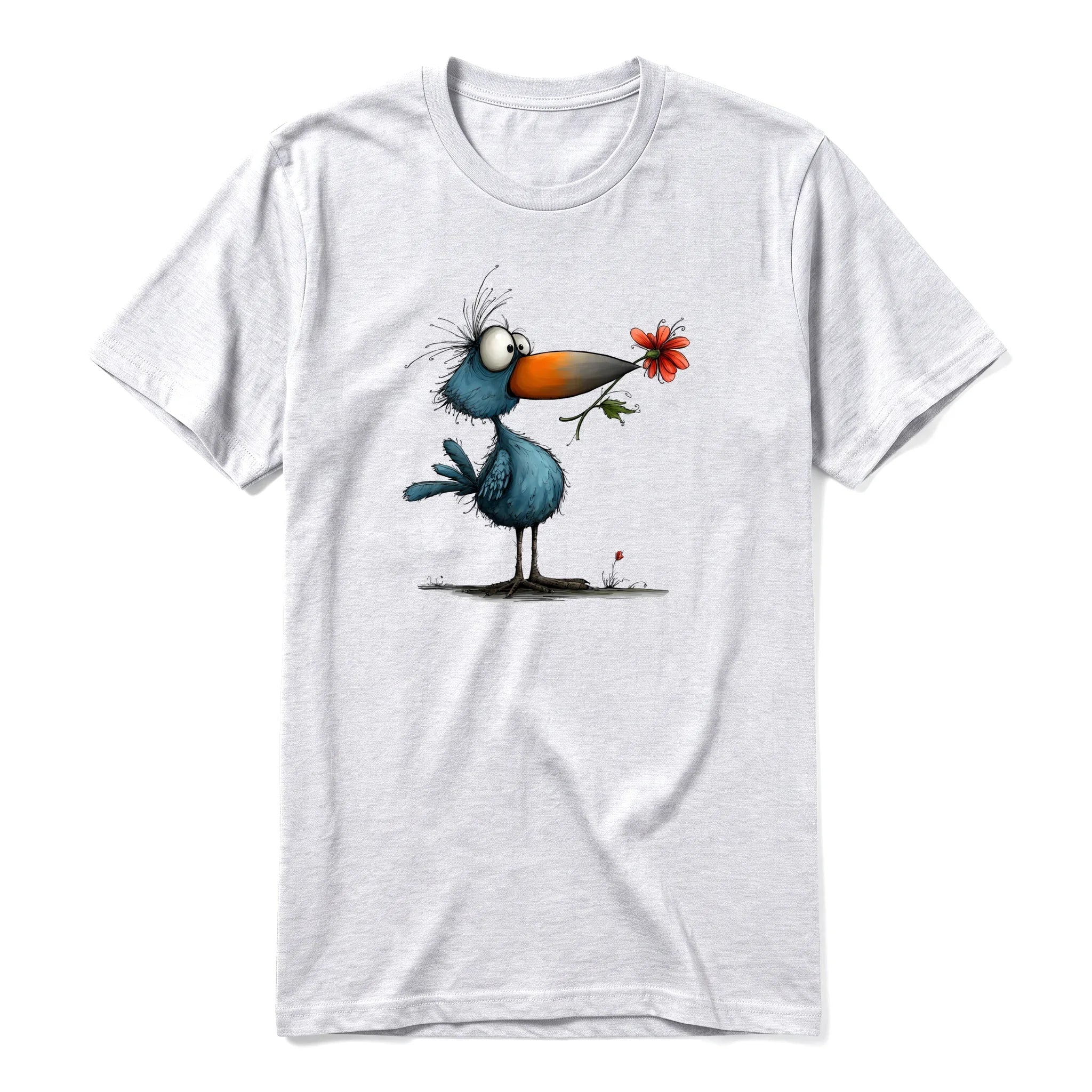 Un T-shirt gris cendré à manches courtes et col rond, orné d'un motif représentant un oiseau excentrique sur le devant.
