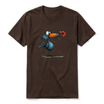 A chocolate short-sleeve crewneck t-shirt for adult featuring a graphic of a quirky bird on the front.