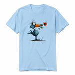 A powder short-sleeve crewneck t-shirt for adult featuring a graphic of a quirky bird on the front.