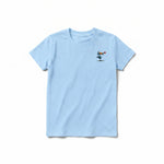A powder short-sleeve crewneck t-shirt for youth featuring a graphic of a quirky bird on the left chest.