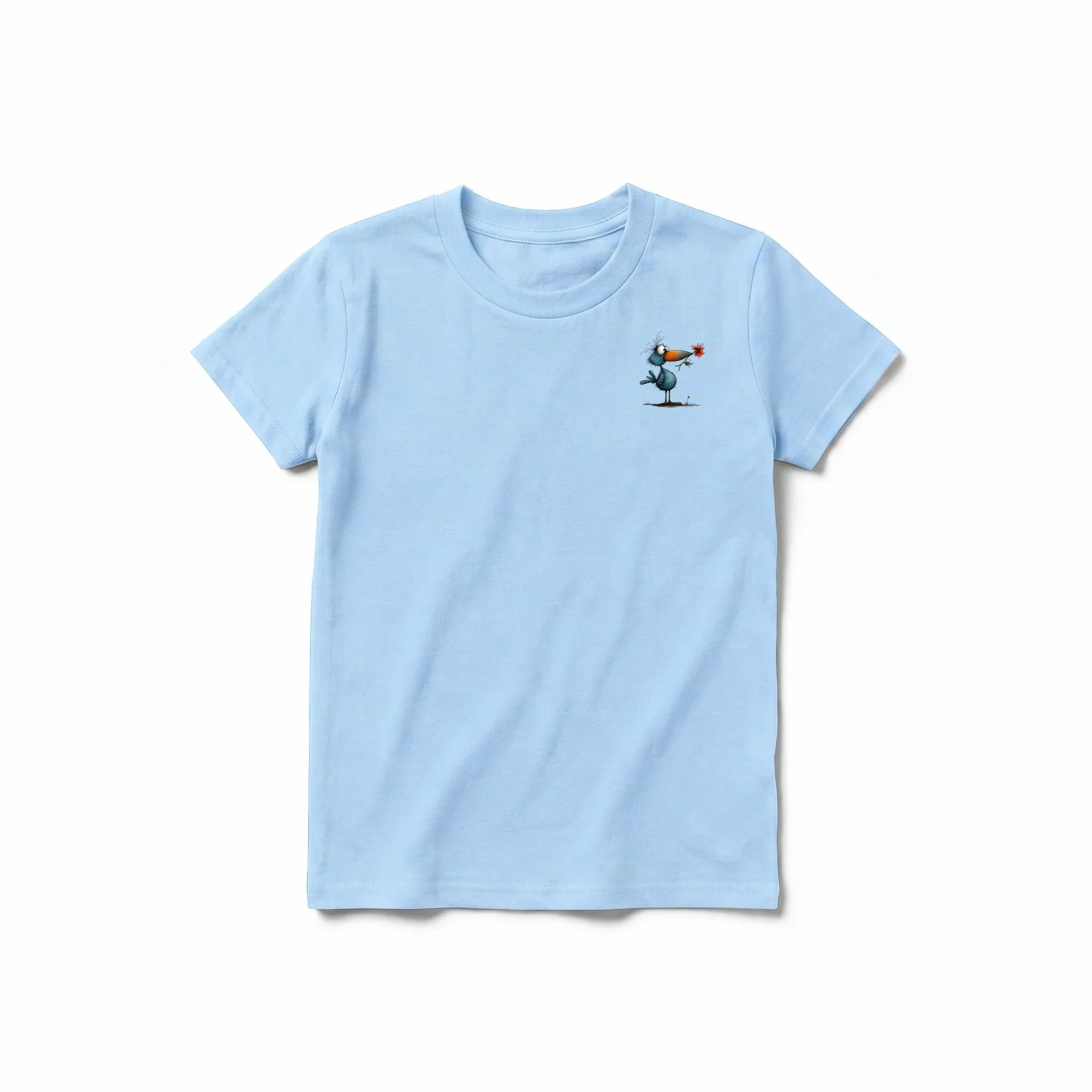 A powder short-sleeve crewneck t-shirt for youth featuring a graphic of a quirky bird on the left chest.