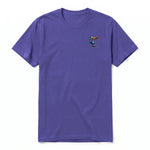 A purple short-sleeve crewneck t-shirt for adult featuring a graphic of a quirky bird on the left chest.