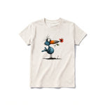A vintage-white short-sleeve crewneck t-shirt for youth featuring a graphic of a quirky bird on the front.
