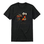 A black short-sleeve crewneck t-shirt for adult featuring a graphic of a quirky bird on the front.