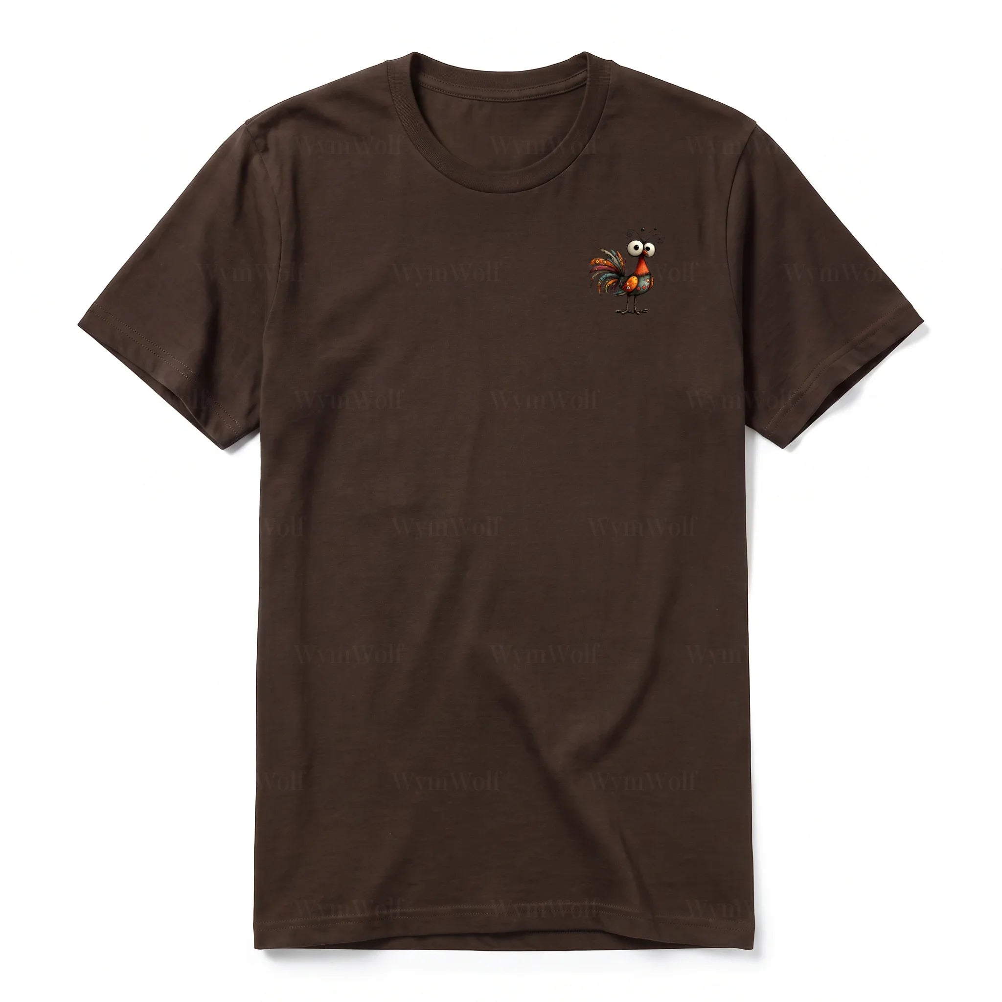 A chocolate short-sleeve crewneck t-shirt for adult featuring a graphic of a quirky bird on the left chest.
