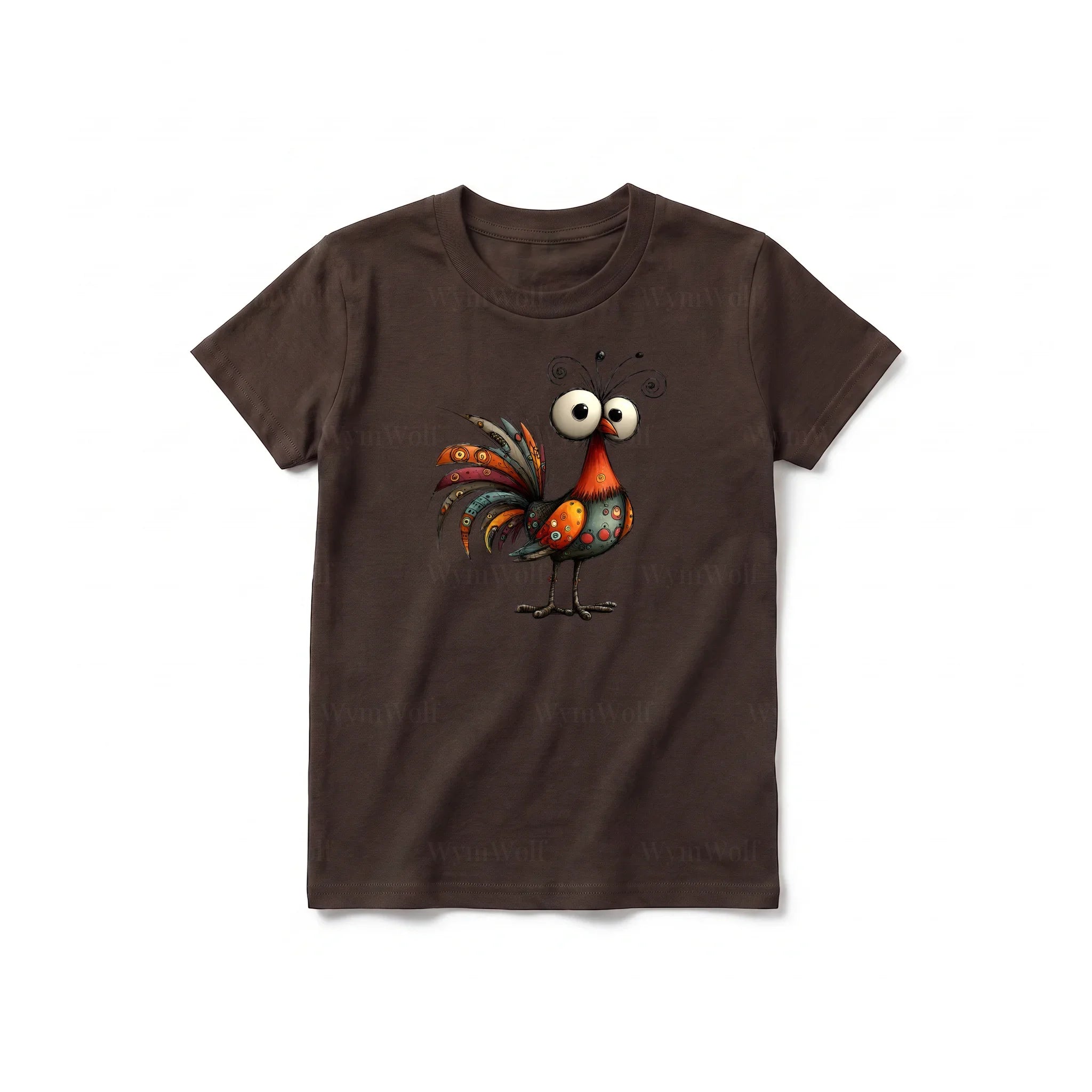 A chocolate short-sleeve crewneck t-shirt for youth featuring a graphic of a quirky bird on the front.