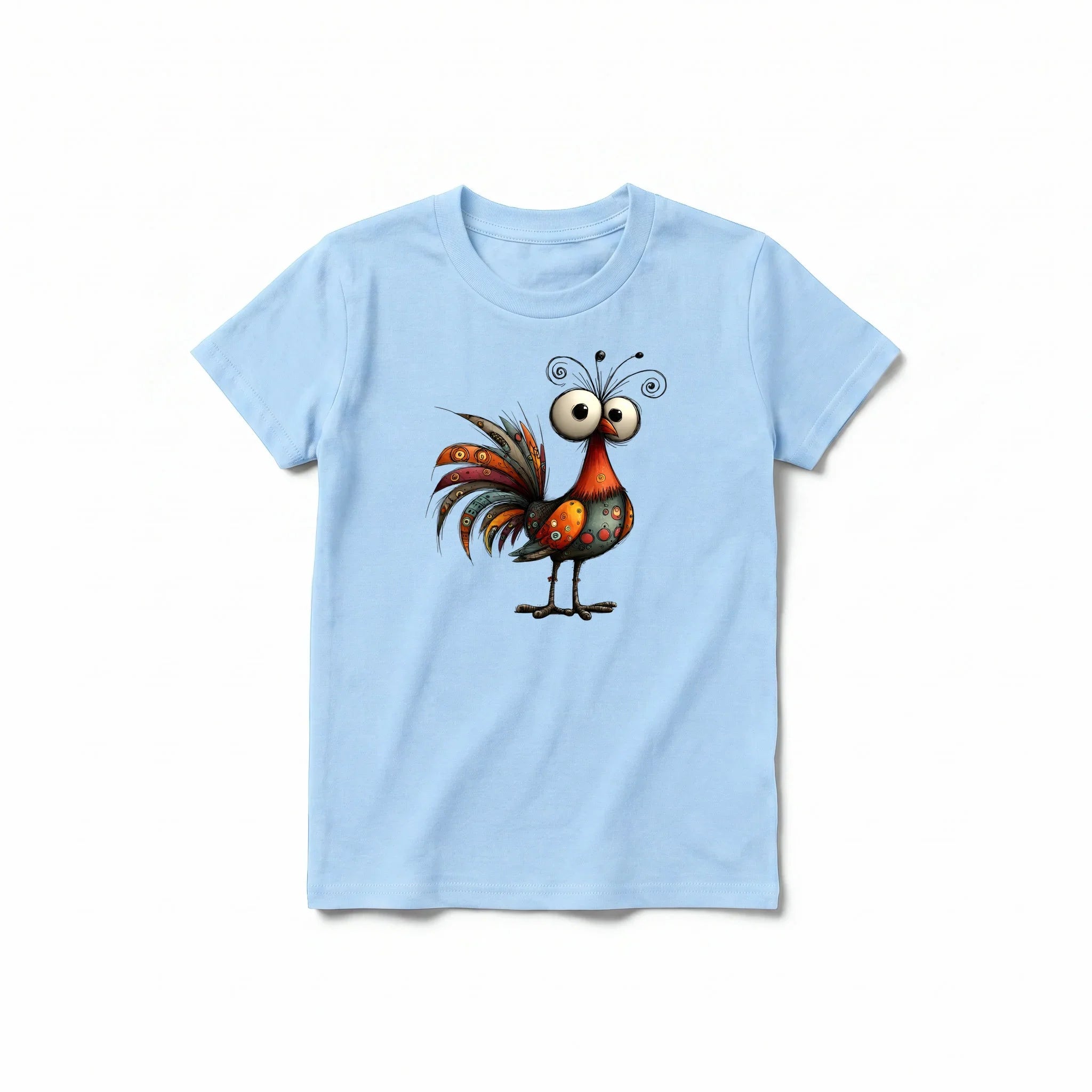 A powder short-sleeve crewneck t-shirt for youth featuring a graphic of a quirky bird on the front.