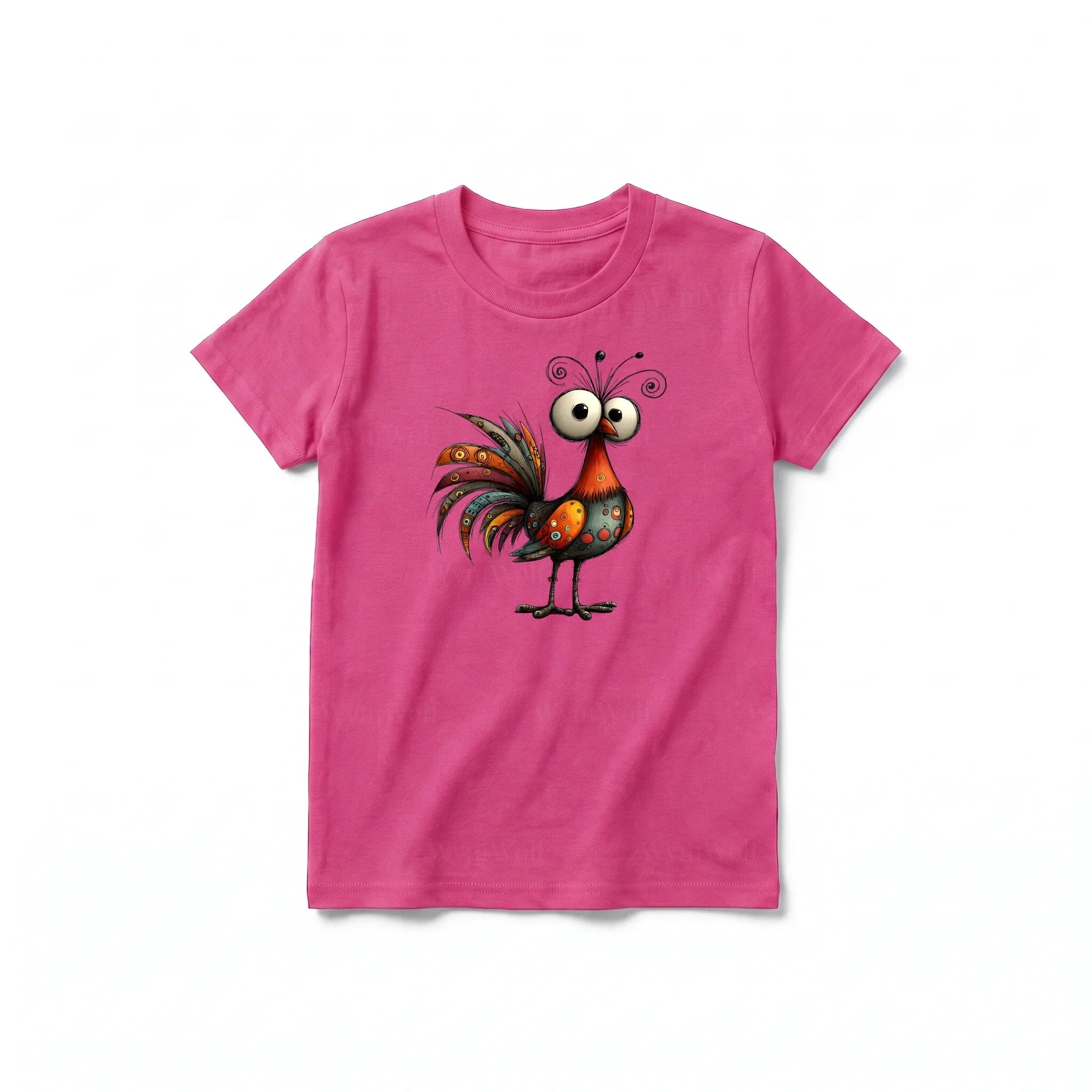 Un T-shirt framboise à manches courtes et col rond pour jeune, orné d'un motif représentant un oiseau excentrique sur le devant.