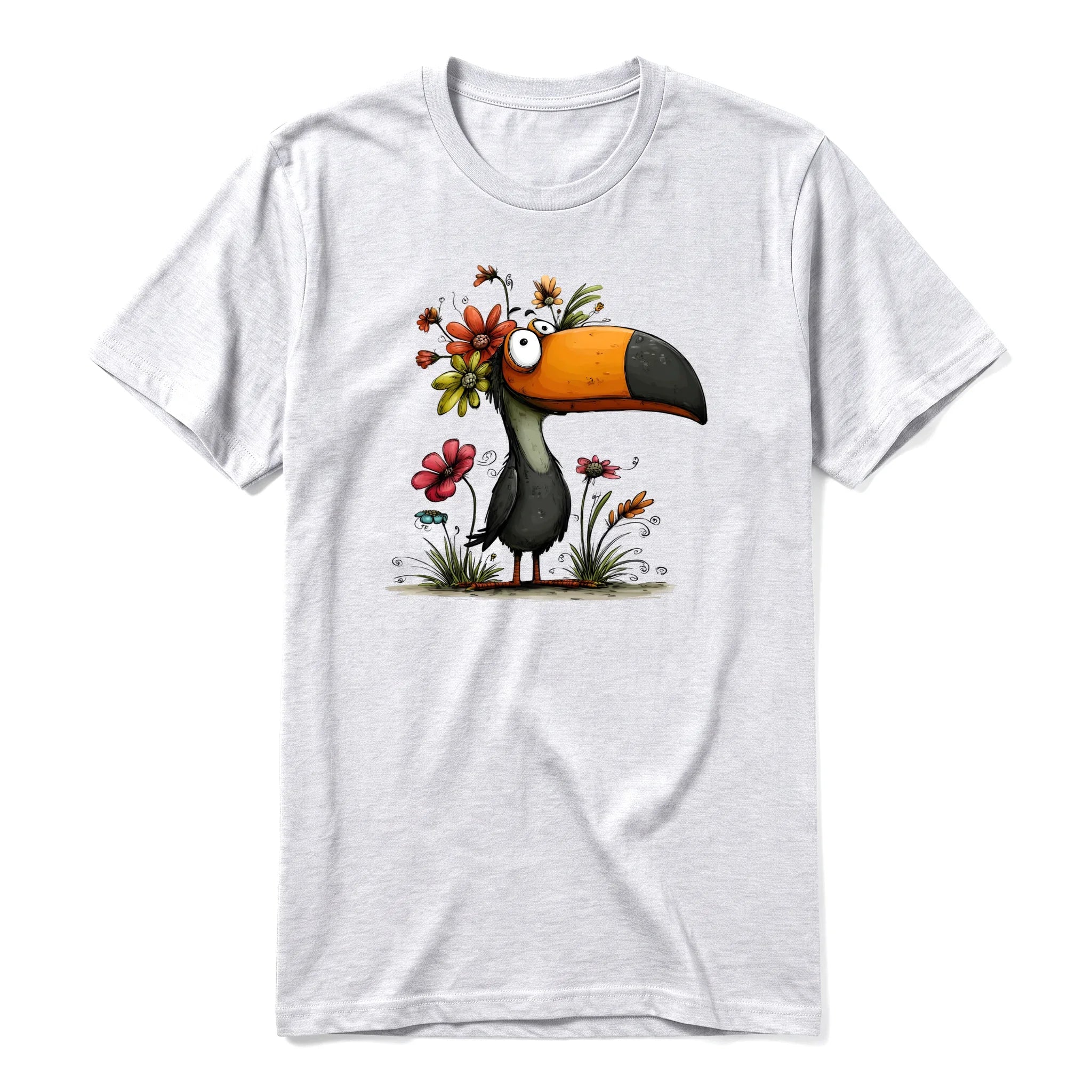 A ash grey short-sleeve crewneck t-shirt for adult featuring a graphic of a quirky bird on the front.