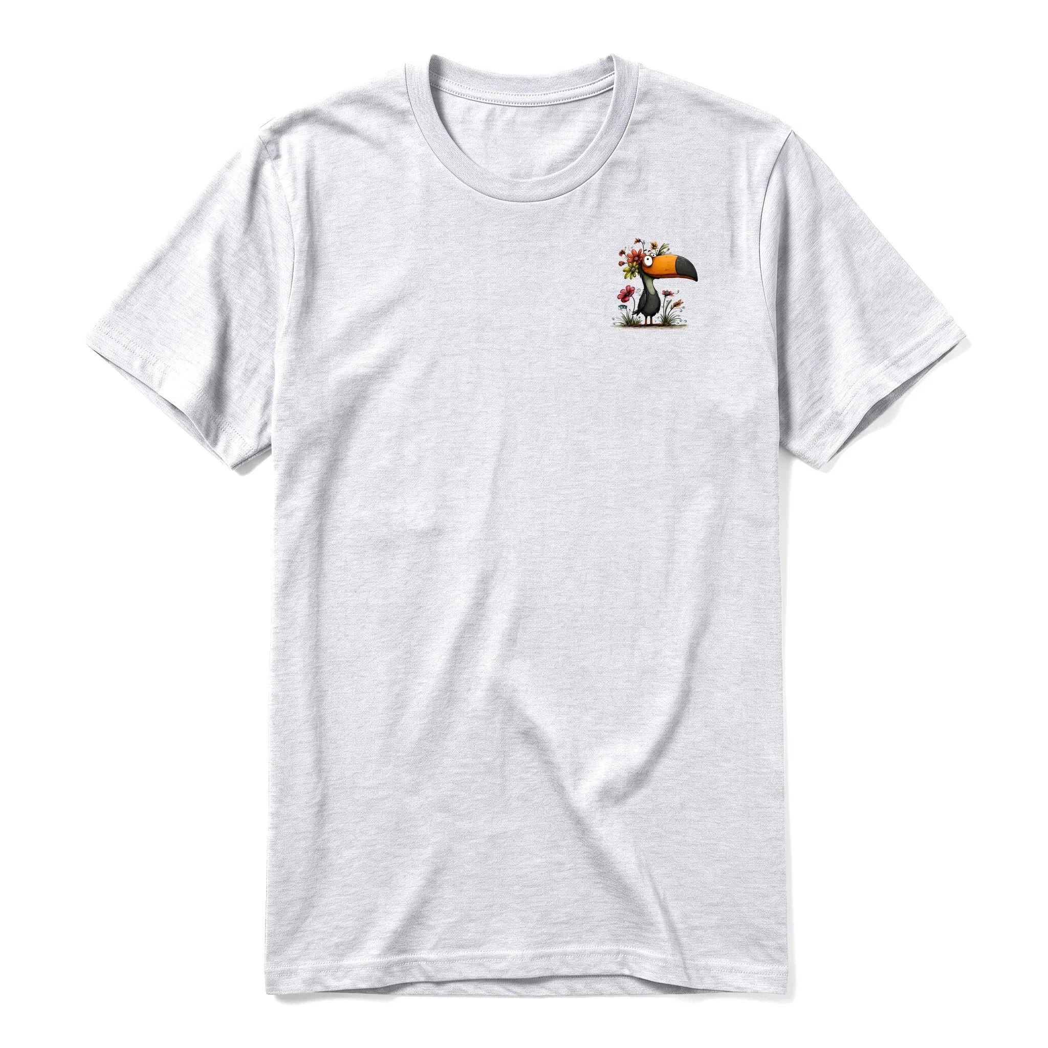 A ash grey short-sleeve crewneck t-shirt for adult featuring a graphic of a quirky bird on the left chest.