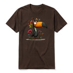 A chocolate short-sleeve crewneck t-shirt for adult featuring a graphic of a quirky bird on the front.