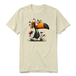 A latte short-sleeve crewneck t-shirt for adult featuring a graphic of a quirky bird on the front.