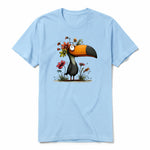 A powder short-sleeve crewneck t-shirt for adult featuring a graphic of a quirky bird on the front.