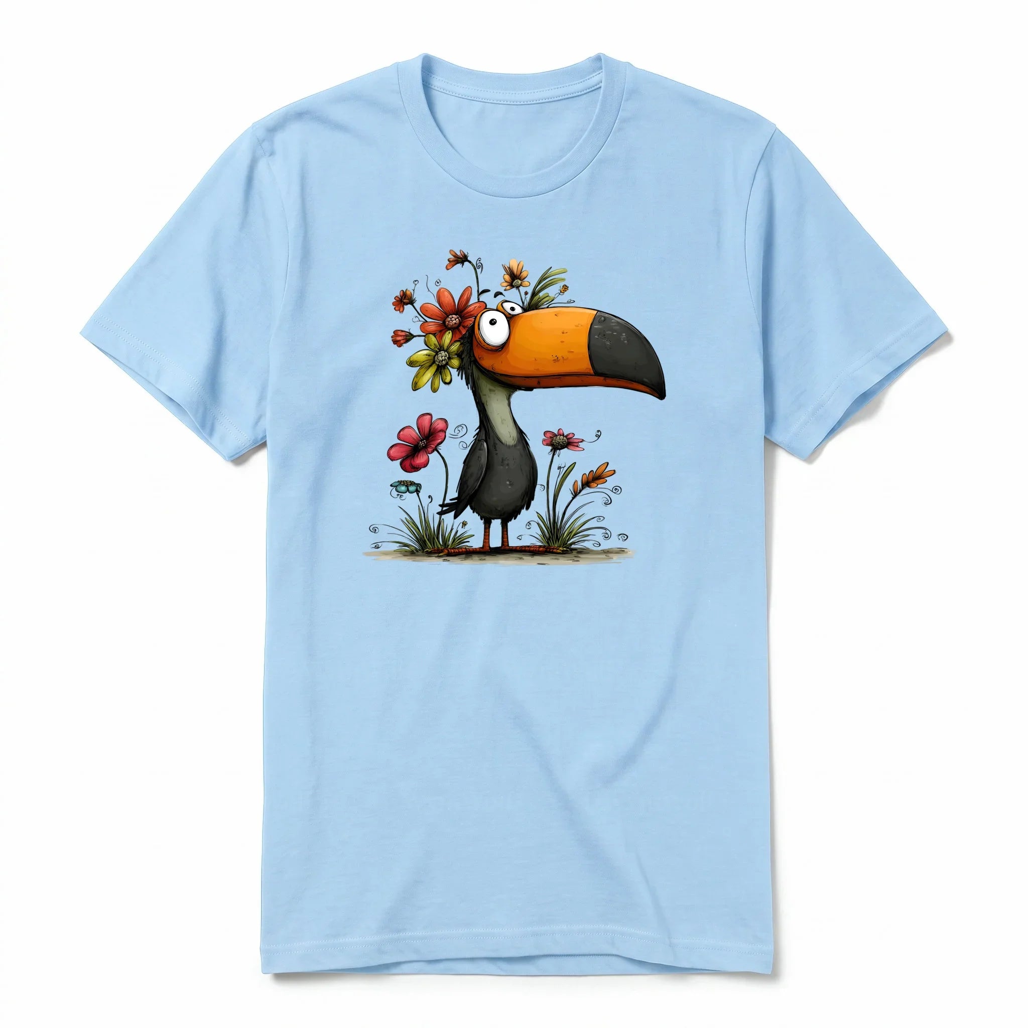 A powder short-sleeve crewneck t-shirt for adult featuring a graphic of a quirky bird on the front.