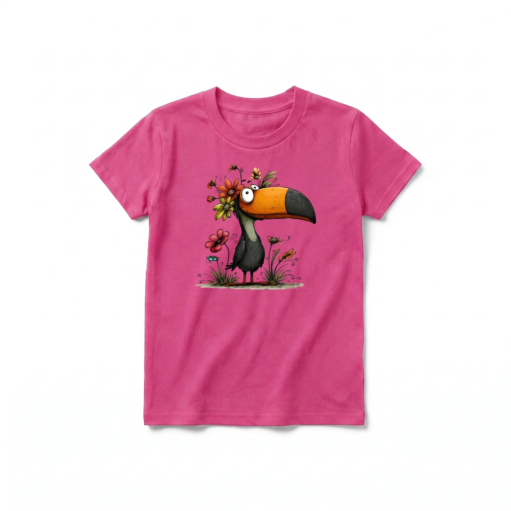 Un T-shirt framboise à manches courtes et col rond pour jeune, orné d'un motif représentant un oiseau excentrique sur le devant.