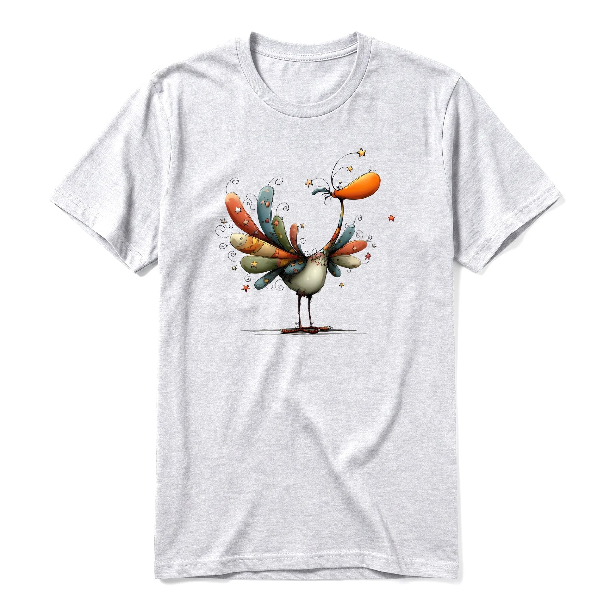 A ash grey short-sleeve crewneck t-shirt for adult featuring a graphic of a quirky bird on the front.