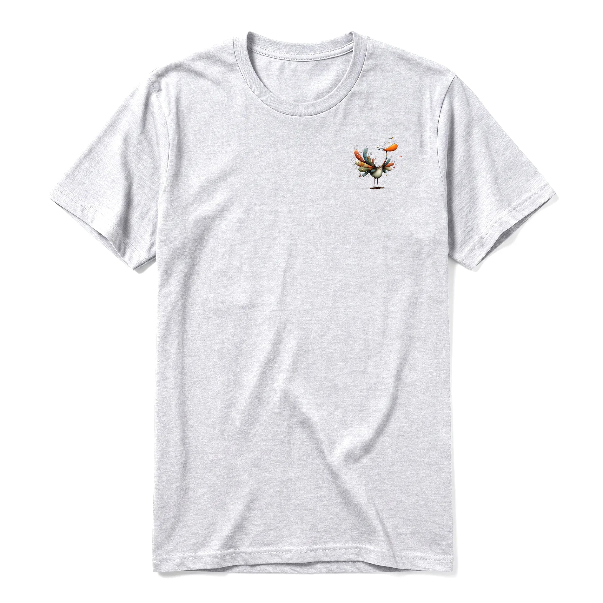 A ash grey short-sleeve crewneck t-shirt for adult featuring a graphic of a quirky bird on the left chest.